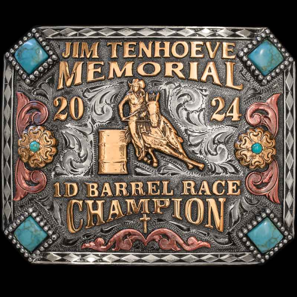 The Salinas Belt Buckle, name inspired by California rodeo town, will make a beautiful trophy for any event. Detailed with turquoise stones and a diamond frame, this buckle design is pure western charm. Customize it today!